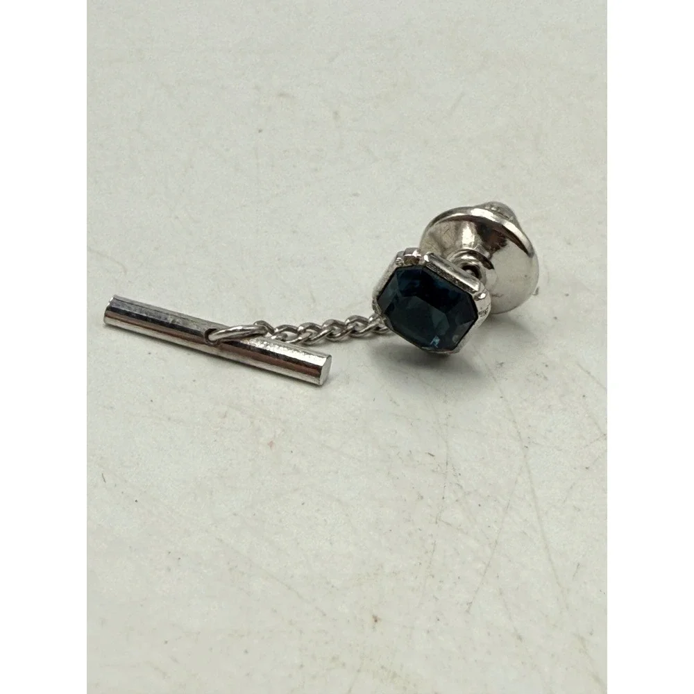 Vintage Silver Tone Blue Stone Tie Tack with Safety Chain Emerald Cut Glass